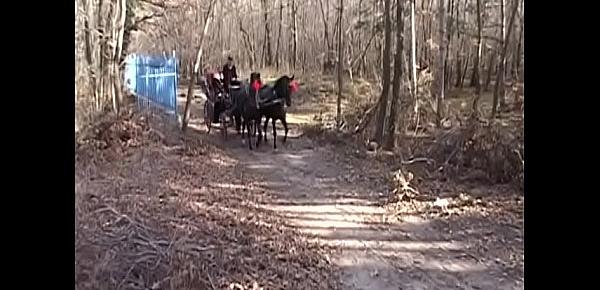  Playful senior cabin attendant Katia De Val allowed pilot assistant access for her body during horse and buggy circa walking in the woods
